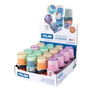 Milan Extension The Fun Expositor de 16 Afilaborras Extension con Goma de Borrar - Sacapuntas Con Deposito y Cuchilla de Seguri
