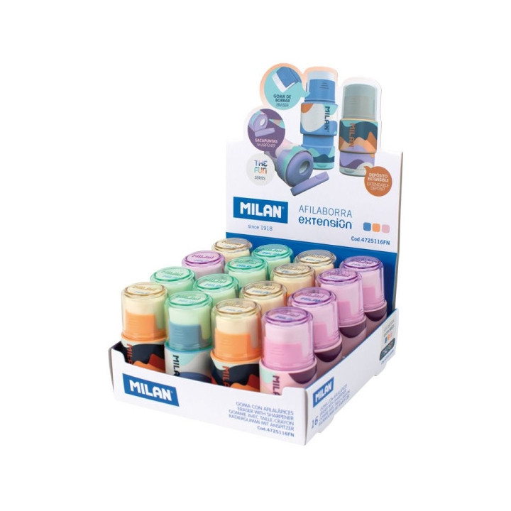 Milan Extension The Fun Expositor de 16 Afilaborras Extension con Goma de Borrar - Sacapuntas Con Deposito y Cuchilla de Seguri