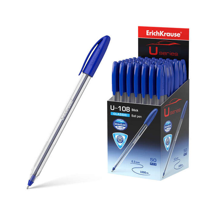 Erichkrause U-108 Boligrafo Clasico - Punta de Bola 1.0mm - Trazo de 0.3mm - Tapa Ventilada - Ultra Glide Technology - Color Az