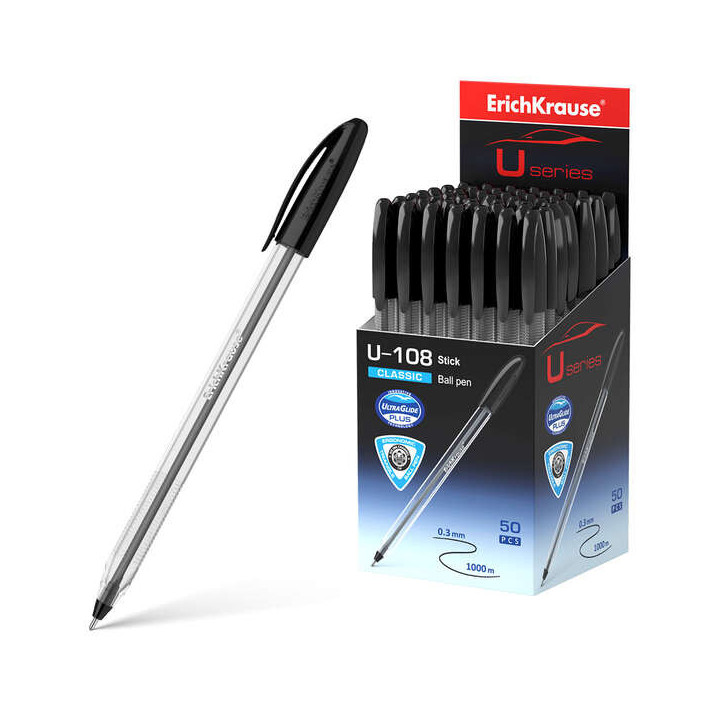 Erichkrause U-108 Boligrafo Clasico - Punta de Bola 1.0mm - Trazo de 0.3mm - Tapa Ventilada - Ultra Glide Technology - Color Ne