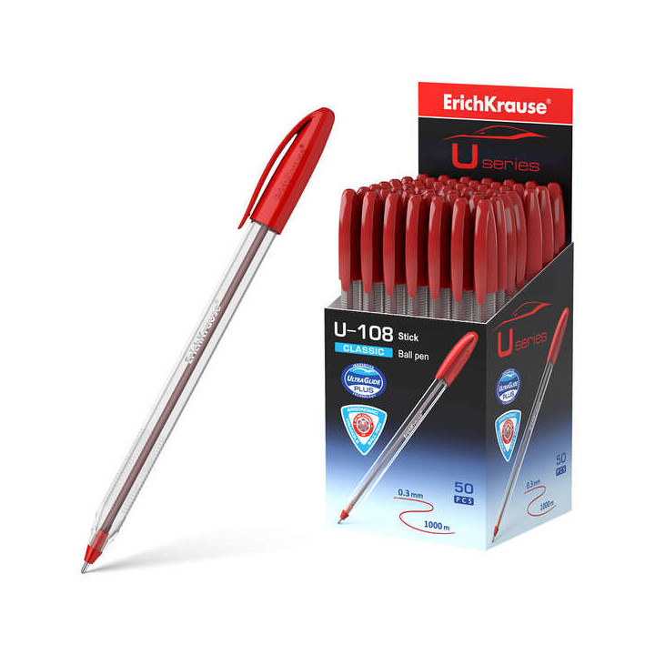 Erichkrause U-108 Boligrafo Clasico - Punta de Bola 1.0mm - Trazo de 0.3mm - Tapa Ventilada - Ultra Glide Technology - Color Ro