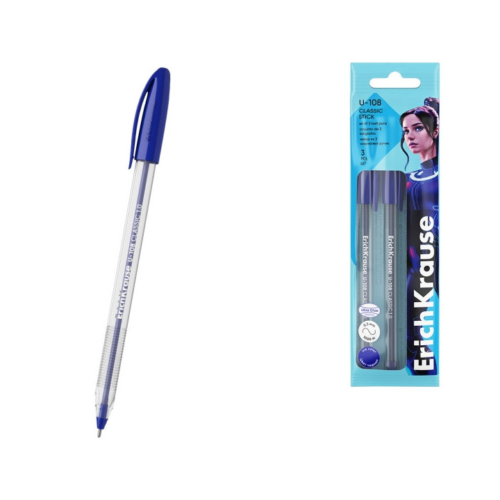 Erichkrause U-108 Pack de 3 Boligrafos Clasicos - Punta de Bola 1.0mm - Trazo de 0.3mm - Tapa Ventilada - Ultra Glide Technolog