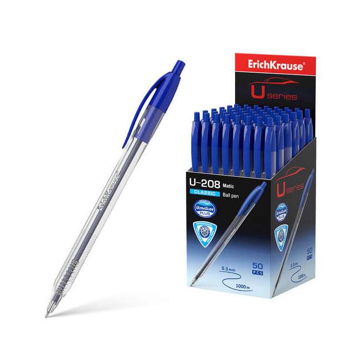Erichkrause Boligrafo Automatico U-208 Classic Matic - Ultra Glide Technology - Cuerpo Transparente con Grip - Color Azul