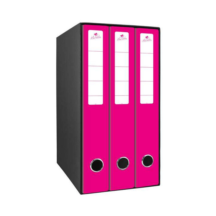 Mariola Box Modulo de 3 Archivadores con Rado 2 Anillas 40mm - Tamaño 35x26x17cm - Carton Forrado - Color Fucsia