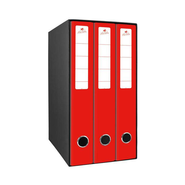 Mariola Box Modulo de 3 Archivadores con Rado 2 Anillas 40mm - Tamaño 35x26x17cm - Carton Forrado - Color Rojo