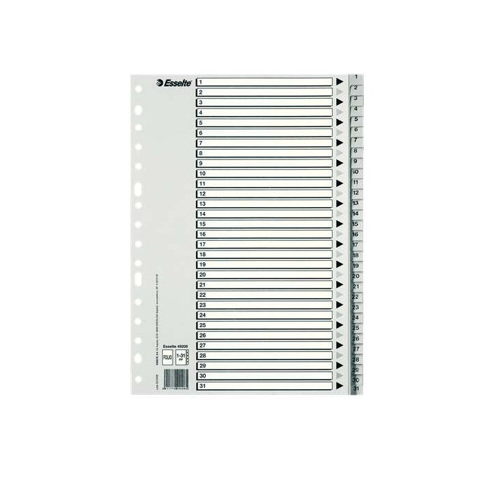 Esselte Bolsa de 25 Indices Numericos de Plastico - Pestañas 1 al 31 - Multitaladro - Formato Folio - Color Gris
