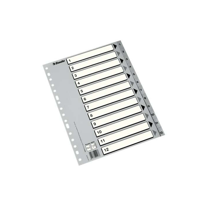 Esselte Indice Numerico de Plastico - Pestañas 1 al 12 - Multitaladro - Formato A4 - Color Gris