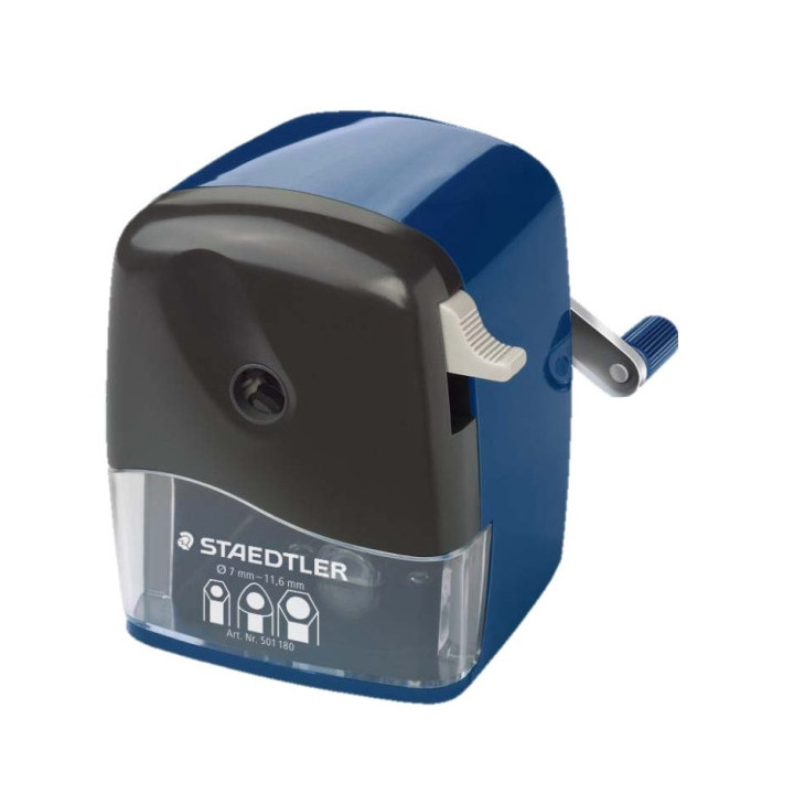 Staedtler Mars 501 Afilalapices de Manivela - Para Lapices de hasta 12mm Ø - Cuchilla Giratoria de Metal - Color Azul