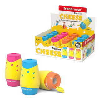 Erichkrause Cheese Sacapuntas con Deposito - 2 Orificios de 8 y 11mm - Diseño de Queso - Hoja de Acero al Carbono - Colores Su