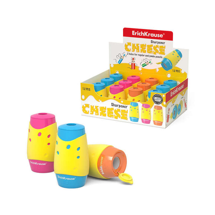 Erichkrause Cheese Sacapuntas con Deposito - 2 Orificios de 8 y 11mm - Diseño de Queso - Hoja de Acero al Carbono - Colores Su