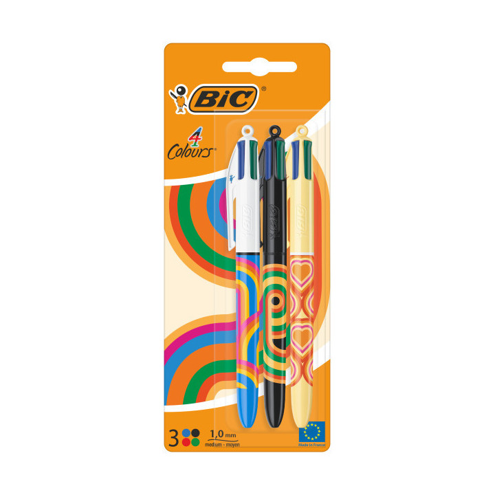 Bic 4 Colours Decors Pack de 3 Boligrafos de Bola Retractil - Punta Media de 1.0mm - Tinta con Base de Aceite - 4 Colores