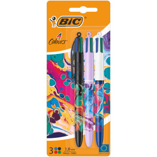 Bic 4 Colours Decors Hydro Pack de 3 Boligrafos de Bola Retractil - Punta Media de 1.0mm - Tinta con Base de Aceite - 4 Colores