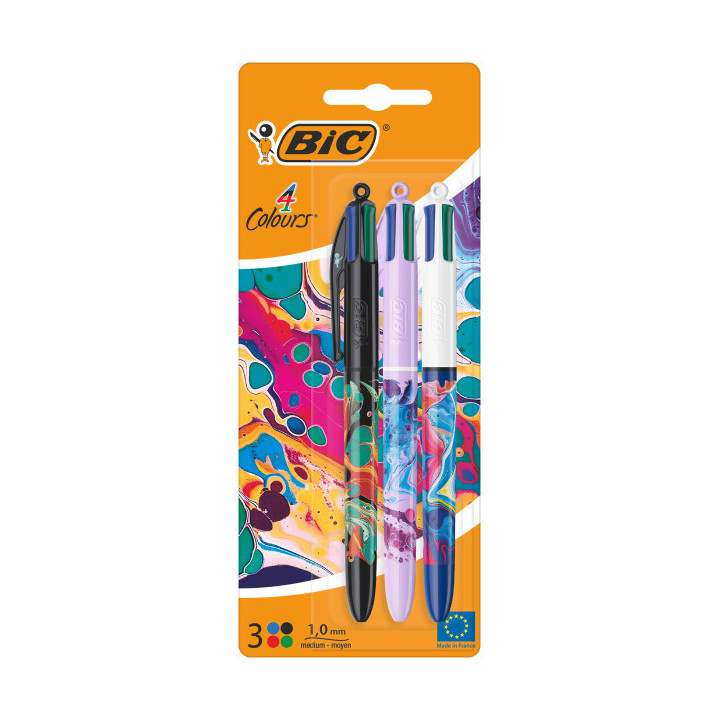 Bic 4 Colours Decors Hydro Pack de 3 Boligrafos de Bola Retractil - Punta Media de 1.0mm - Tinta con Base de Aceite - 4 Colores