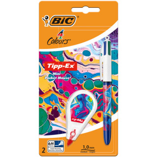 Bic 4 Colours Decors Hydro Pack de 1 Boligrafo de Bola Retractil + Corrector Pocket Mouse 5mmx6m - Punta Media de 1.0mm - Tinta