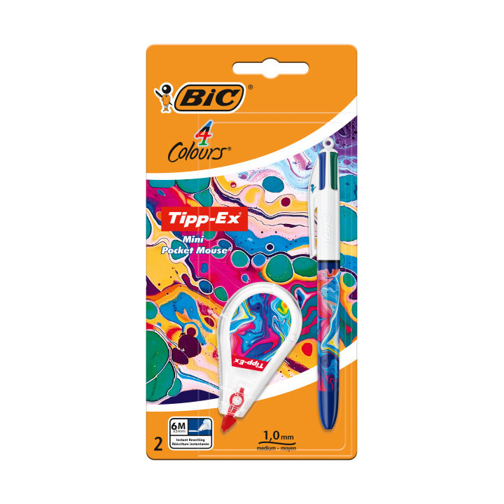 Bic 4 Colours Decors Hydro Pack de 1 Boligrafo de Bola Retractil + Corrector Pocket Mouse 5mmx6m - Punta Media de 1.0mm - Tinta