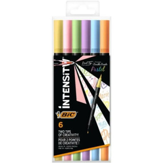 Bic Intensity Dual Tip Pastel Pack de 6 Rotuladores Doble Punta - Punta de Pincel + Punta Fina - Tinta con Base de Agua - Color