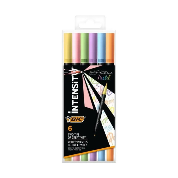Bic Intensity Dual Tip Pastel Pack de 6 Rotuladores Doble Punta - Punta de Pincel + Punta Fina - Tinta con Base de Agua - Color
