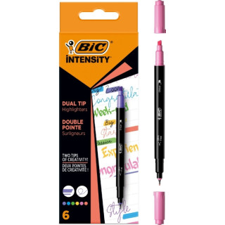 Bic Intensity Dual Tip Pack de 6 Rotuladores Doble Punta - Punta de Biselada + Punta Fina 0.04mm - Tinta con Base de Agua - Col