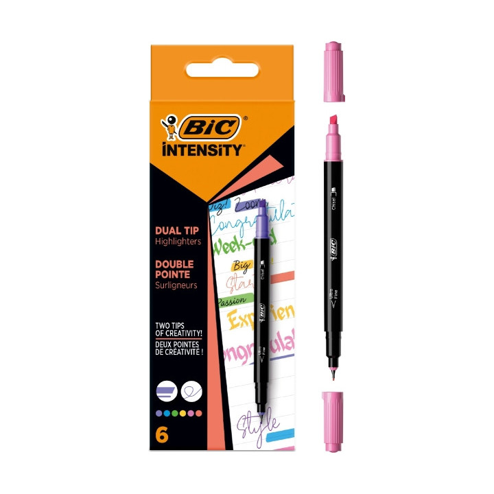 Bic Intensity Dual Tip Pack de 6 Rotuladores Doble Punta - Punta de Biselada + Punta Fina 0.04mm - Tinta con Base de Agua - Col