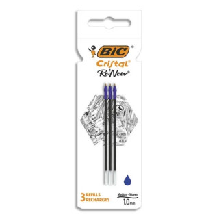 Bic Pack de 3 Recambios para Boligrafo Cristal Re´new - Punta Media de 1.0mm - Tinta con Base de Aceite - Color Azul
