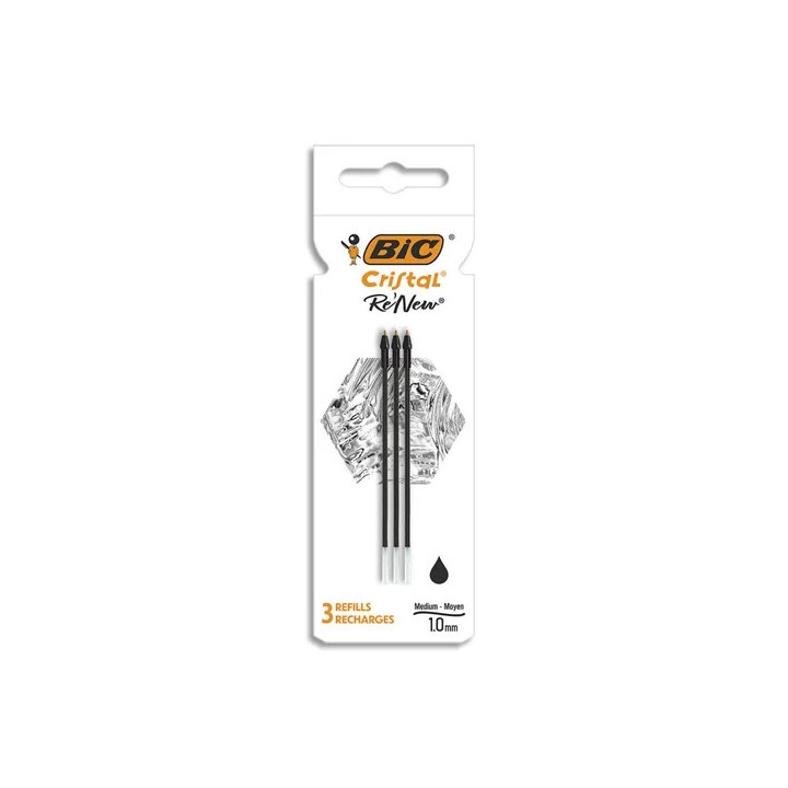Bic Pack de 3 Recambios para Boligrafo Cristal Re´new - Punta Media de 1.0mm - Tinta con Base de Aceite - Color Negro