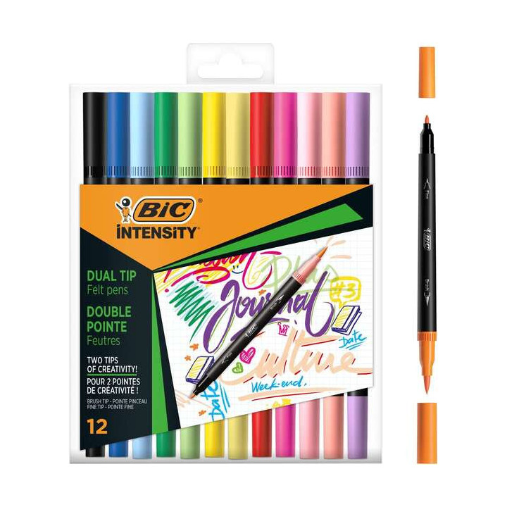 Bic Intensity Dual Tip Pack de 12 Rotuladores Doble Punta - Punta de Pincel + Punta Fina - Tinta con Base de Agua - Colores Cla