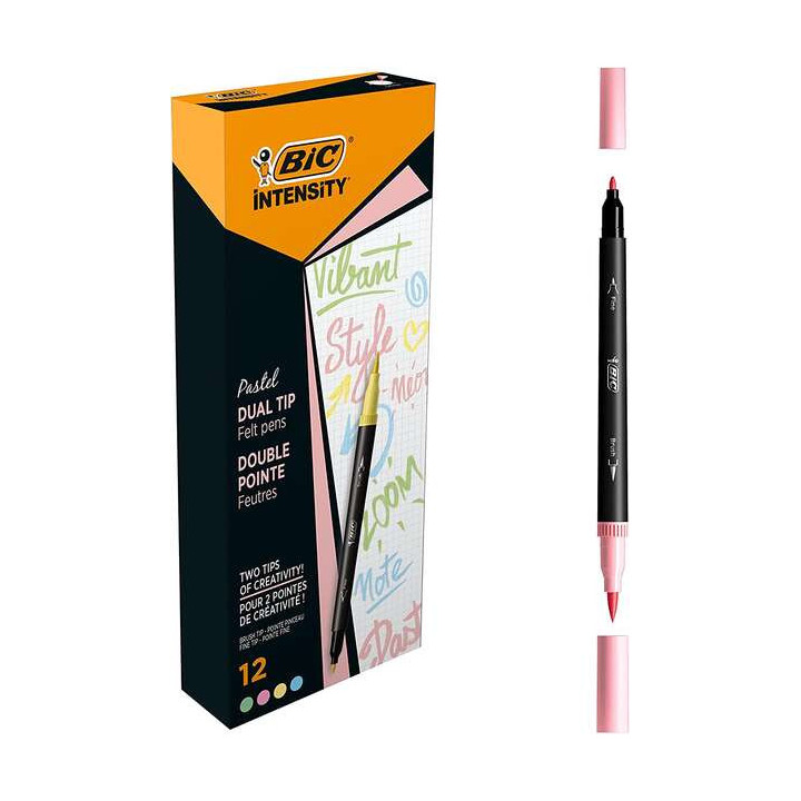 Bic Intensity Dual Tip Pastel Rotulador Doble Punta - Punta de Pincel + Punta Fina - Tinta con Base de Agua - Colores Pastel Su