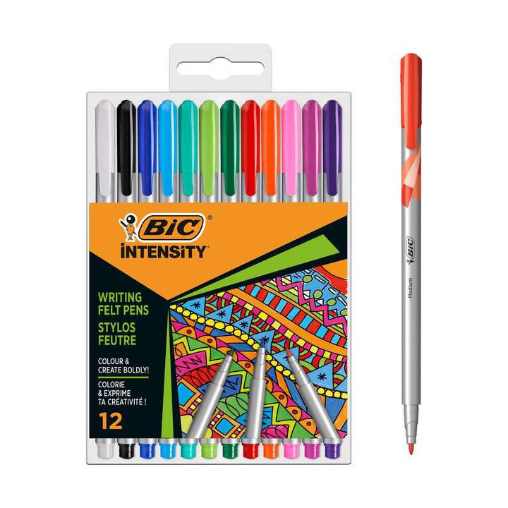 Bic Intensity Medium Pack de 12 Rotuladores - Punta Media de 0.8mm - Tinta con Base de Agua - Colores Surtidos