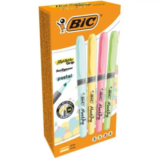 Bic Highlighter Grip Pack de 12 Marcadores Fluorescentes Pastel - Punta Biselada - Trazo entre 1.60 y 3.30mm - Grip Texturizado