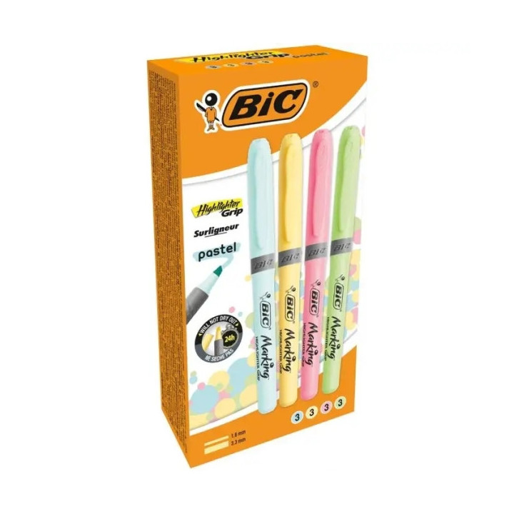 Bic Highlighter Grip Pack de 12 Marcadores Fluorescentes Pastel - Punta Biselada - Trazo entre 1.60 y 3.30mm - Grip Texturizado