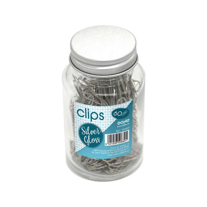 Dohe Bote de Cristal con 60 Clips Metalicos de 50mm - Color Plata Brillante