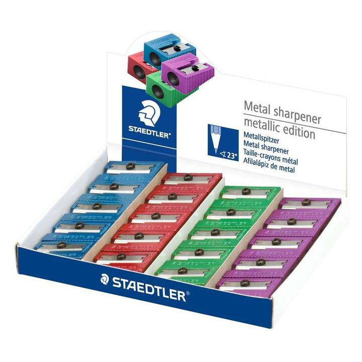 Staedtler Sacapuntas Metalico con Cuchilla de Metal - Angulo de Afilado de 23° - 1 Agujero - Colores Surtidos