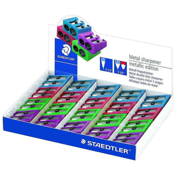Staedtler Expositor de 20 Sacapuntas Metalicos con Cuchilla de Metal y 2 Orificios - Angulo de Afilado de 23° y 30º - Colores