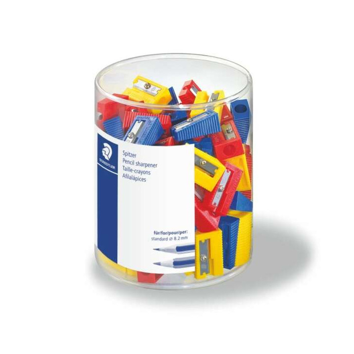 Staedtler Pack de 100 Sacapuntas de Plastico - 1 Agujero - Angulo de Afilado de 23° - Colores Surtidos