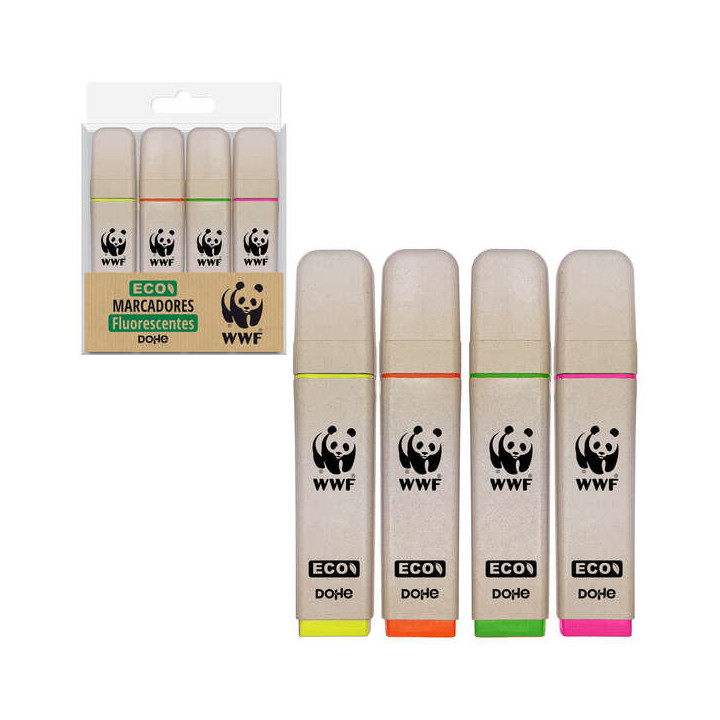 Dohe Pack de 4 Rotuladores Fluorescentes ECO - Punta Biselada - Trazo 1-5mm - Tinta con Base de Agua - Colores Surtidos