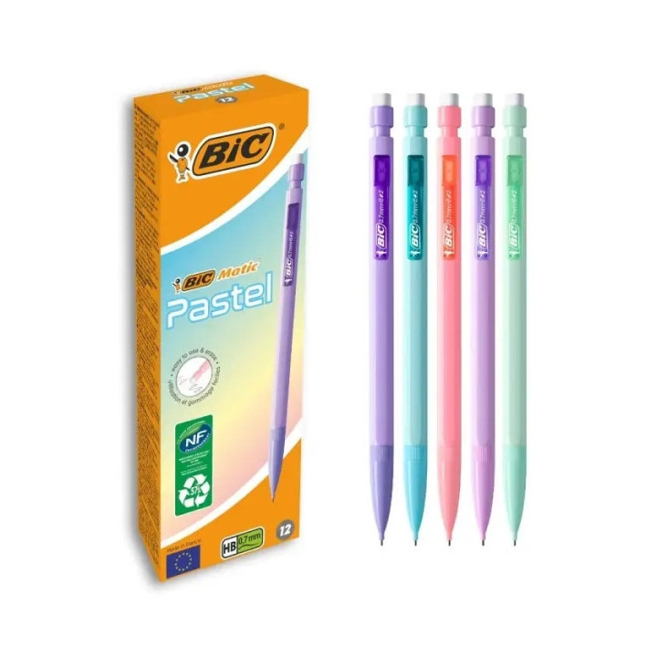 Bic Matic Pastel Portaminas 0.7mm HB con Goma - Punta Retractil - Cuerpo de Colores Pastel Surtidos